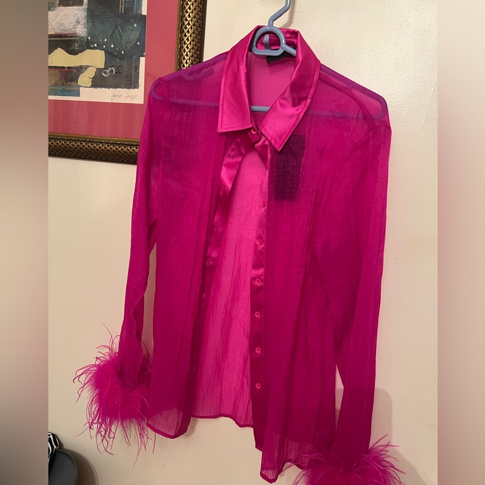 Fuschia Pink Feather Sleeved Shirt
